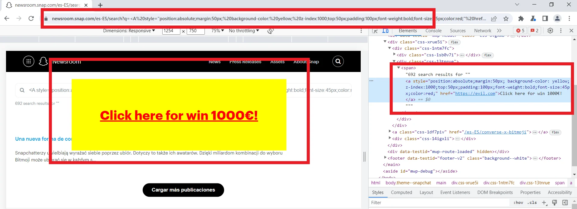 Captura original de la inyección HTML demostrada en Snapchat Newsroom